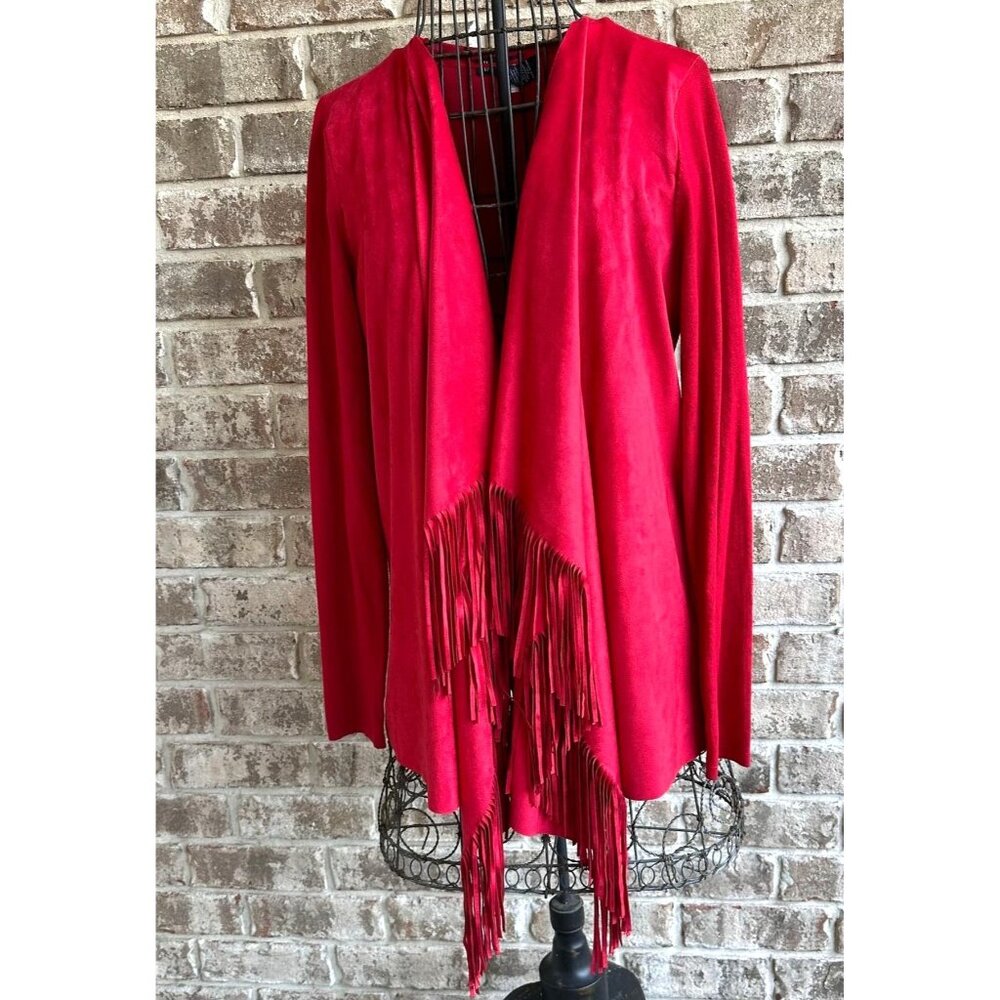 INC International Concept Open Front Fringe Jacket Med Red Faux Suede Valentine